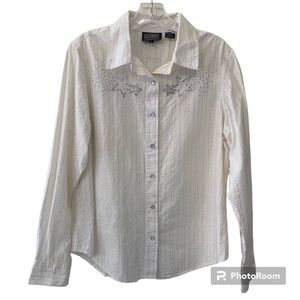 RoughRider Western Cowgirl Snap Button Down Creamy White With Silver Str…
